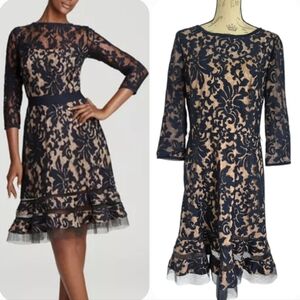 Tadashi Shoji Navy and Nude Lace Fit & Flare Cocktail Dress